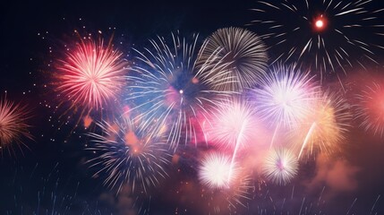 New Year Festival, fireworks in the sky are beautifully sparkling. photograph of telephoto lens realistic daylight --ar 16:9 --stylize 50 --v 5.2 Job ID: 29c8915d-771f-4a58-b12f-66f8152ed152