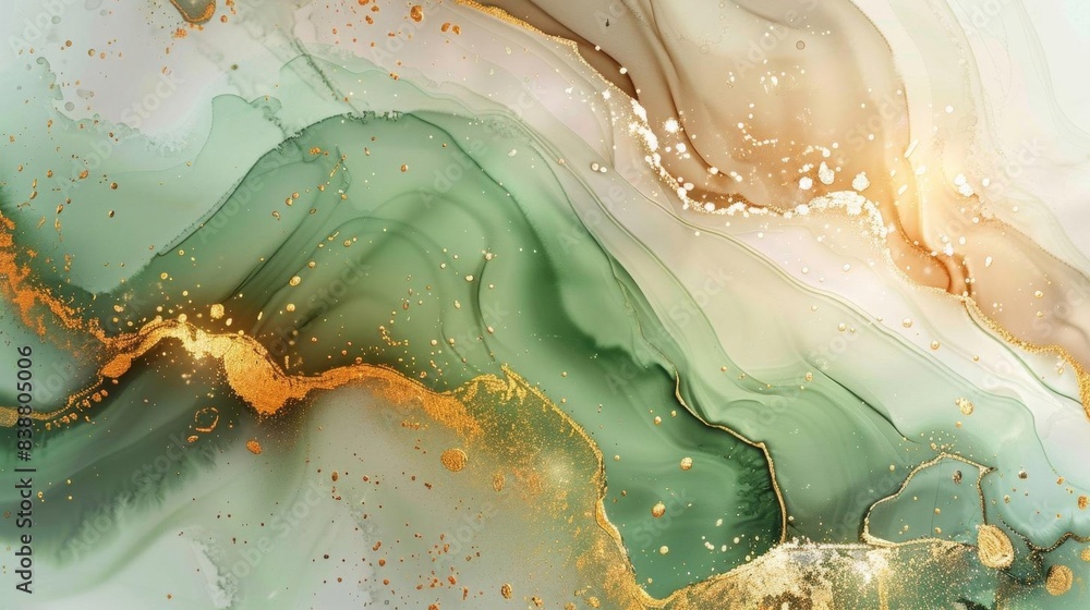 Poster abstract green and gold fluid art painting with swirls and waves, creating a vibrant and elegant vis