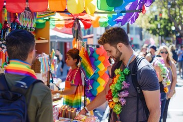 Obraz premium A dynamic pride-themed street fair with vendors selling rainbow merchandise, food stalls, and attendees celebrating with colorful decorations