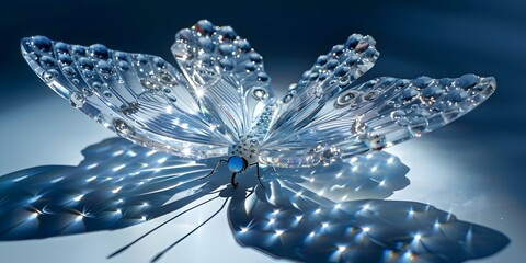 Fototapeta premium A dazzling crystal butterfly with intricate angles and blue stone casting shadows. Concept Indoor Photoshoot, Crystal Butterfly, Blue Stone, Intricate Angles, Shadows