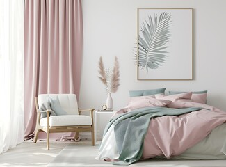 Photo of a pastel pink and turquoise bed with palm leaf wall art in a white bedroom interior,