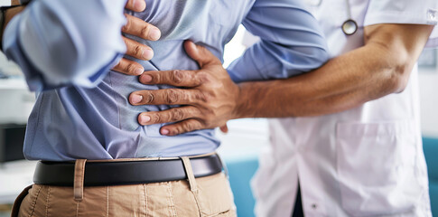 Close up of a young man with back pain, with his hands on his lower hip and upper waist area while a male physical therapist helps him feel better in the clinic office. The man has bad sciatica in his