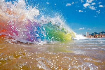A rainbow-colored wave crashing onto a beach, symbolizing the power and beauty of diversity, with people celebrating pride in the background