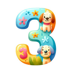 Naklejka premium Colorful number 3 with cute dog illustrations, perfect for children's education, play, and decor, bringing fun and learning together.on transparent background