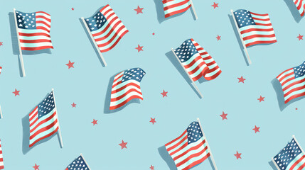 Fototapeta premium border frame of mini america flags, the icons around the edges. Empty soft blue centre. stock image style