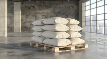 Pile of white sacks on a pallet in a warehouse. Stacked Serenity. A neat stack of white sacks on a wooden pallet in an industrial setting with large windows and concrete flooring.