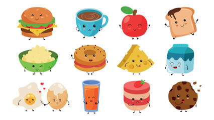 Set of kawaii food in cartoon style. Vector illustration of characters with emotions and poses: burger, cup of tea,apple,sandwich,plate of porridge,bagel,cheese,milk, eggs, juice, panna cotta, cookie.