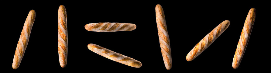 Set of fresh baked bread and French rye baguette isolated on black background