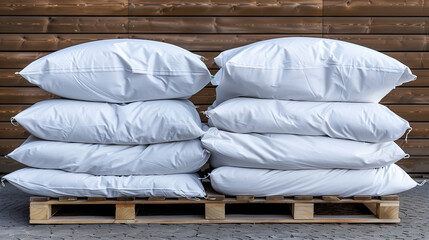 Pile of white sacks on a pallet in a warehous. Neatly arranged white sacks on a wooden pallet against a brown wall.