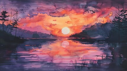 Fototapeta premium Watercolor painting of the sunset.