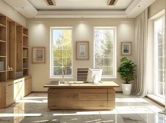 Office interior design with wooden desk and bookcase