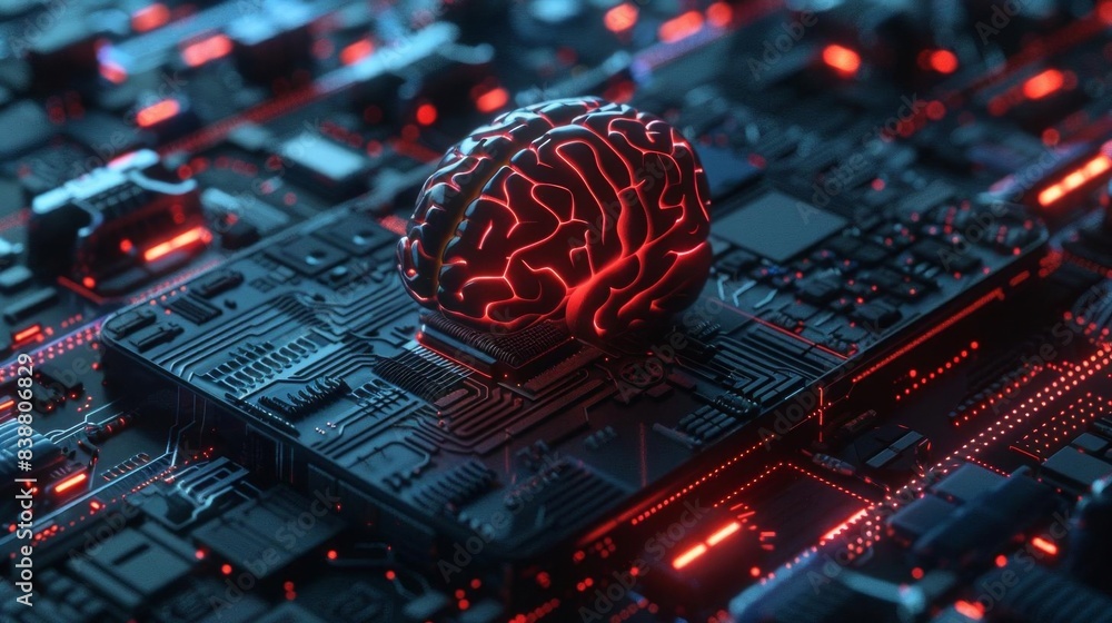 Poster futuristic concept of artificial intelligence with a digital brain on a circuit board, glowing neon 