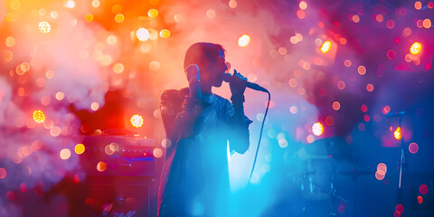 Imagen de un hombre delgado cantando en un concierto frente a miles de personas dando un espectáculo con luces y humo 