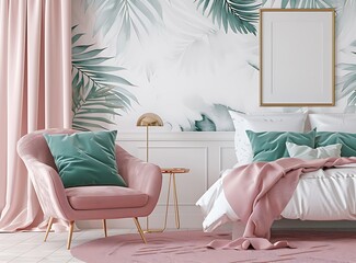 Photograph of a pastel pink chair standing next to an elegant bed with turquoise pillows and a soft blanket in a white bedroom interior with a hanging poster, a gold frame on the wall