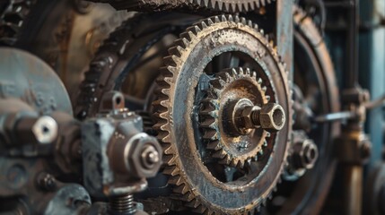 Fototapeta premium A faded vintage photo of classic engine gear wheels, offering a historical industrial perspective