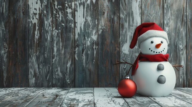 Festive Snowman with Santa Hat and Scarf by Rustic Wooden Wall with Red Christmas Ornament
