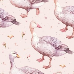 Watercolor seamless pattern with goose bird. Repeat pattern pastel color. Tender watercolor hand drawn illustration on a isolated on background