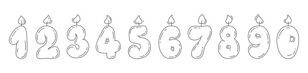 Burning candles in line art style. Set of Hand drawn birthday candles numbers with burning flame, doodle style. Decoration for cake. greeting card, banner, invitation, stickers.  Vector illustration