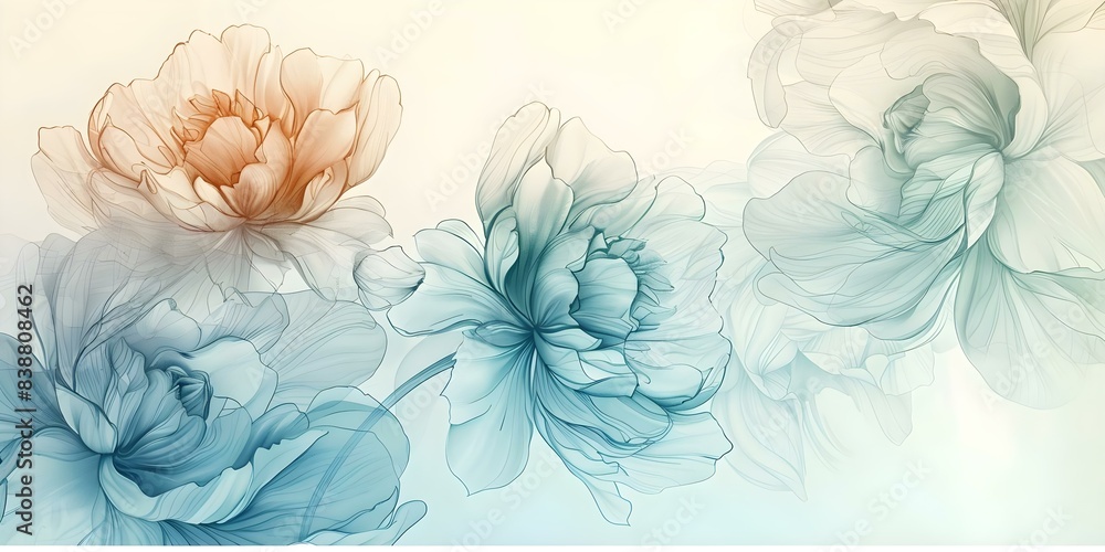 Wall mural Vintage ink sketch of peonies in blue perfect for wedding cards. Concept Vintage, Ink Sketch, Peonies, Blue, Wedding Cards - Wall murals