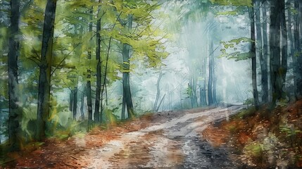 Obraz premium Watercolor style painting of a path in a forest landscape