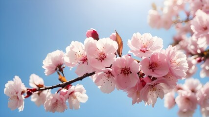 Obraz premium A breathtaking view of cherry blossom branches in macro detail against a serene light blue sky, bathed in sunlight, providing a captivating spring floral image with panoramic view and copy space.