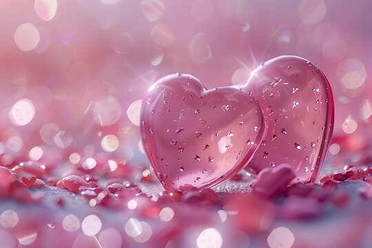 Two pink glass hearts with water drops on a pink sparkly background