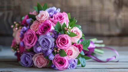 Wedding bouquet of pink and violet roses on a wooden background. Valentine's Day