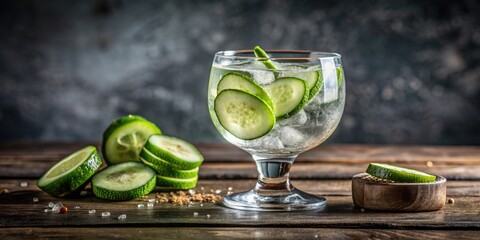 Gin and tonic with cucumber slices on a wooden table.