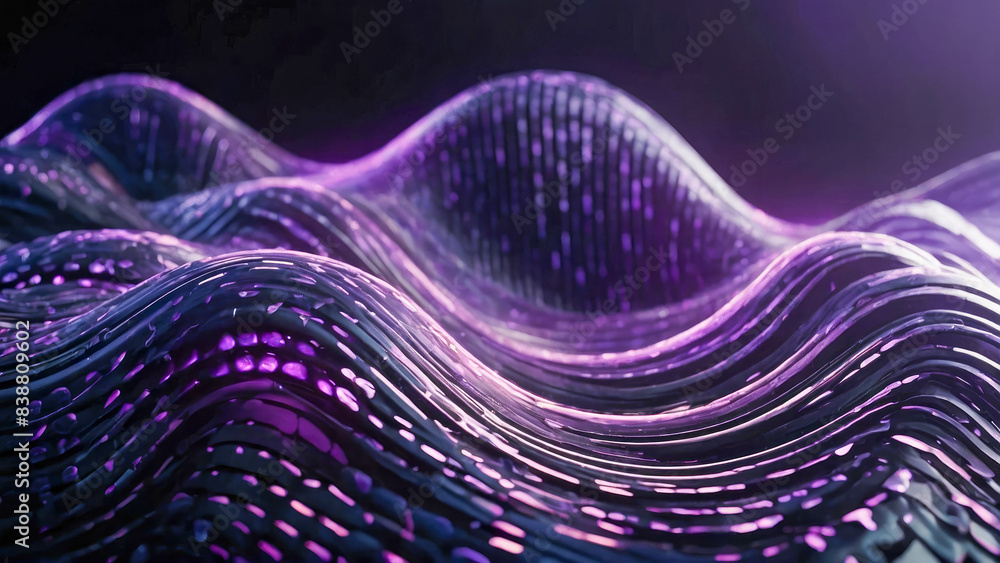 Poster an abstract purple wave background with glowing particles and lines. futuristic waves