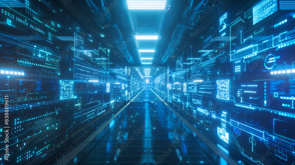 Poster a high-tech data center featuring illuminated digital interfaces and advanced technological infrastr