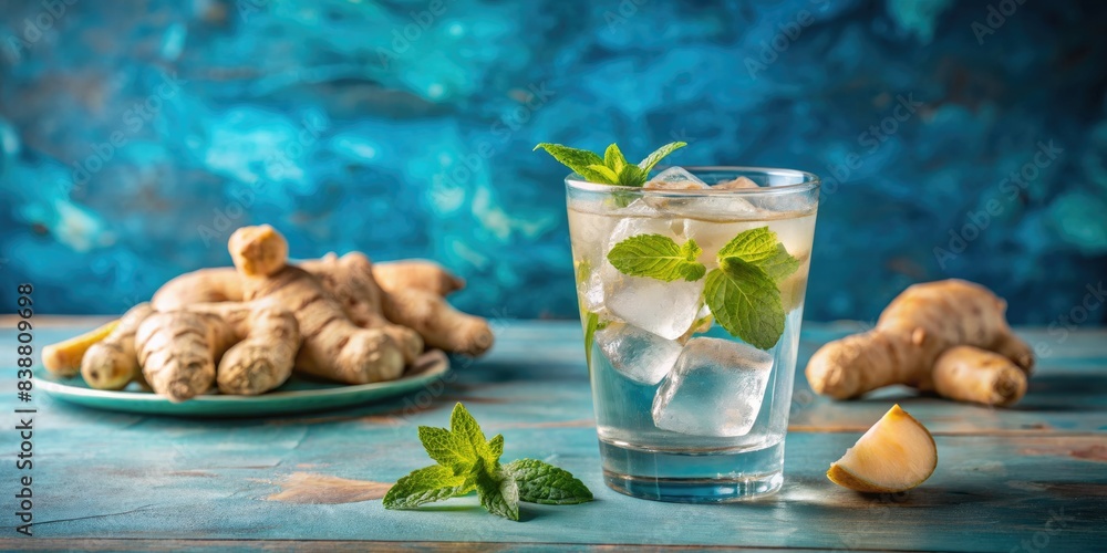 Poster Glass of ginger mint tea with fresh ginger.