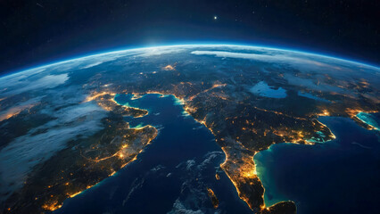 Night Earth. City lights on planet. Civilization