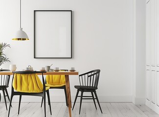 Sleek dining room with yellow chair, black chairs and wooden table against white wall 