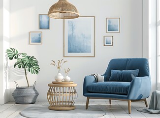 Sleek living room with a blue armchair, sofa and coffee table against a white wall with poster frames containing blue pictures, a wooden pendant lamp above a grey basket on the floor