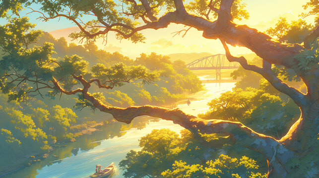 The garden split by river. trees meet a bright sunset