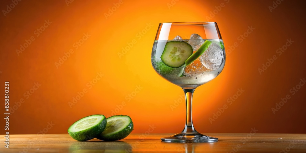 Sticker Glass of gin and tonic with lime and cucumber.