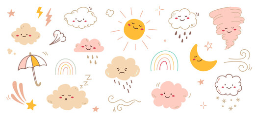 Cloud rain weather cartoon cute set. Cloud, sun, moon weather character with smile and angry face. Hand drawn doodle sketch style. Rainbow, wind, tornado doodle character. Vector illustration.