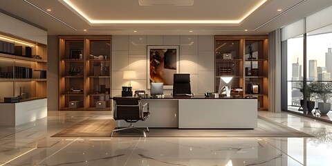 Modern office interior with large windows and marble floor