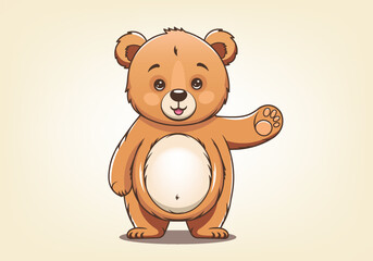 Vector cartoon plush cute beautiful little kind Teddy bear waves his paw. Hello. Gift favorite soft toy. Graphic sticker. Light background.