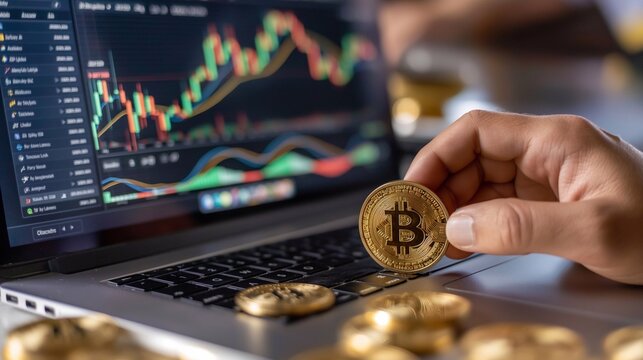 Digital Decision Architect: Man Strategizes with laptop, Crafting Profitable Trade Directions through Data Analysis. A man's hand holds a bitcoin coin. Virtual cryptocurrency mining on a display