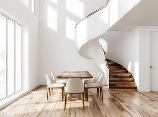 Fototapeta premium Staircase in a modern dining room with a wooden table and chairs, white walls, a wood floor, 