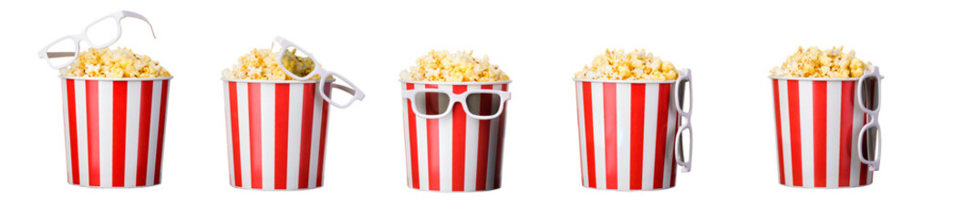 Paper striped bucket with popcorn and 3D glasses isolated on white background