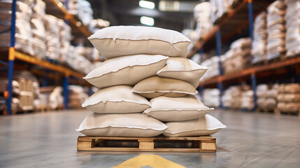 Warehouse Inventory. A Stack of Sacks. a pile of white sacks on a wooden pallet, situated in a warehouse with shelves stocked with similar items.