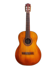 Obraz premium An acoustic classical guitar with a wooden finish. Ideal for musicians and music enthusiasts. Perfect for musical themes and artistic backgrounds. isolated PNG transparent background.