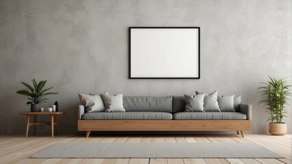 Interior home of living room with grey sofa and blank frame poster mock up on white wall