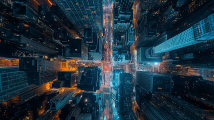 Regular street lamps casting pools of light, adding to the city's structured glow.