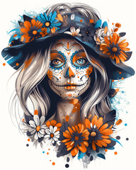 A woman with a flowery hat and a skull on her face. The skull is surrounded by flowers and the hat is blue and orange