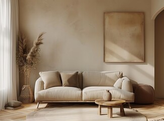 Stylish boho interior of a modern living room with a design beige sofa, wooden side table and personal accessories in a minimalist style with wall art decor
