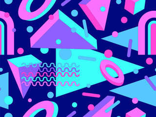 Memphis geometric seamless pattern with 3D shapes in 80s and 90s style. Isometric geometric 3D shapes. Colorful geometric background design for wrappers, covers and wallpapers. Vector illustration