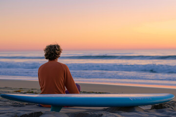 Fototapeta premium Surfer sitting on the beach at sunset, looking out at the ocean with a surfboard beside him, embodying peace and contemplation.